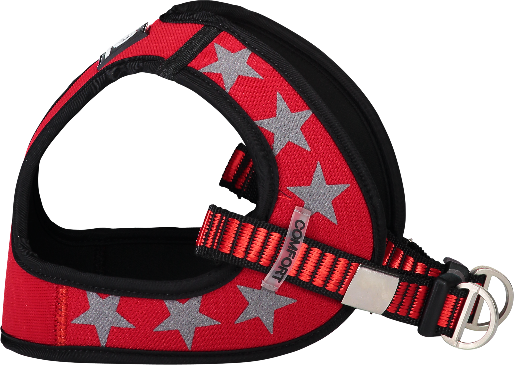 Red Stars dog harness featuring soft neoprene padding and stylish star-shaped reflectors for safety and comfort.